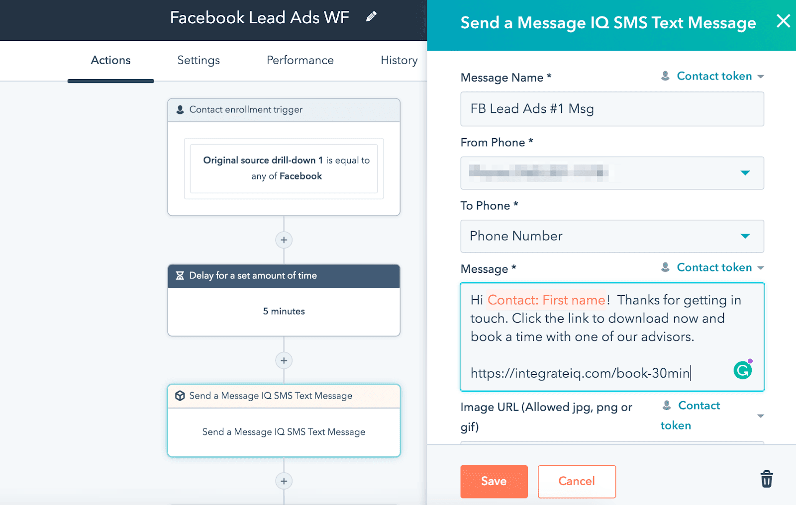 Text message in HubSpot workflow