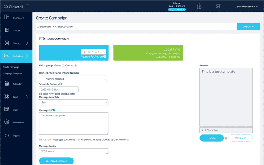 clickatell dashboard
